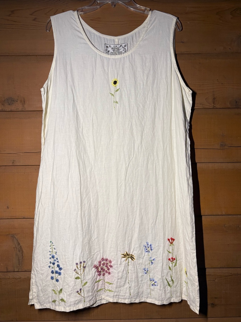Vintage 90s white linen dress with beaded flowers Cottagecore Boho Fairy